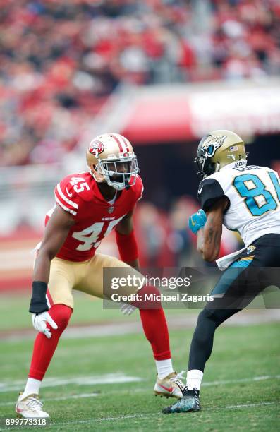 Tyvis Powell of the San Francisco 49ers defends during the game against the Jacksonville Jaguars at Levi's Stadium on December 24, 2017 in Santa...