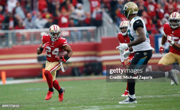 Waun Williams of the San Francisco 49ers returns an intercepts 27-yards during the game against the Jacksonville Jaguars at Levi's Stadium on...