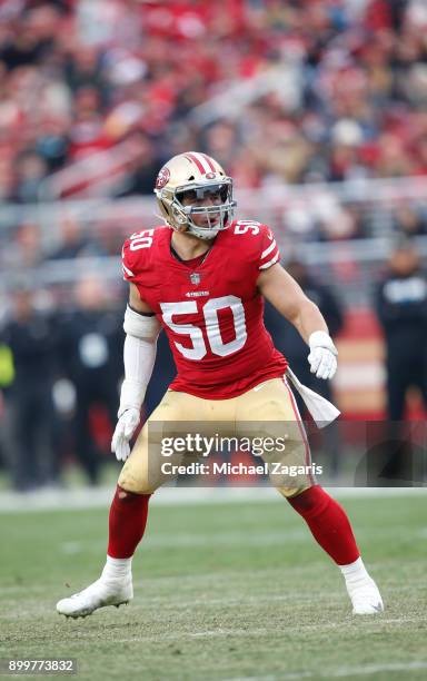 Brock Coyle of the San Francisco 49ers defends during the game against the Jacksonville Jaguars at Levi's Stadium on December 24, 2017 in Santa...