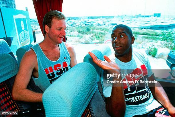 Magic Johnson talks to Larry Bird on the bus during the 1992 Olympic Games in 1992 in Barcelona, Spain. NOTE TO USER: User expressly acknowledges and...