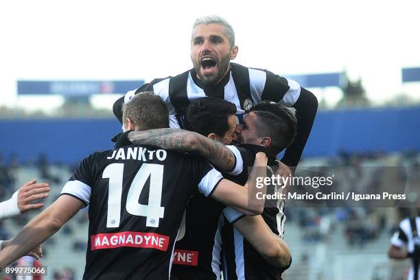 Kevin Lasagna of Udinese Calcio celebrates after scoring his team's second goal during the serie A match between Bologna FC and Udinese Calcio at...