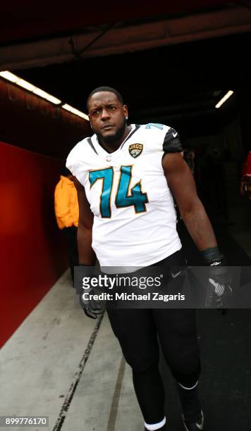 Cam Robinson of the Jacksonville Jaguars heads to the field during halftime of the game against the San Francisco 49ers at Levi's Stadium on December...