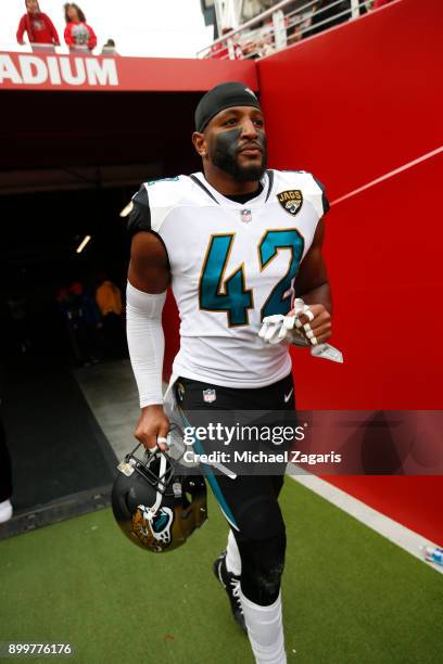 Barry Church of the Jacksonville Jaguars heads to the field during halftime of the game against the San Francisco 49ers at Levi's Stadium on December...