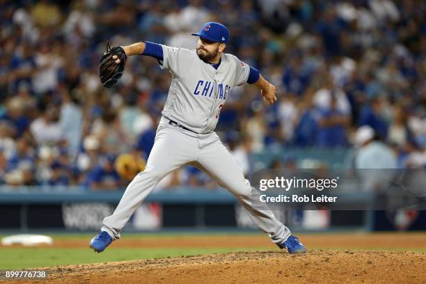 Brian Duensing of the Chicago Cubs pitches during Game 2 of the National League Championship Series against the Los Angeles Dodgers at Dodger Stadium...