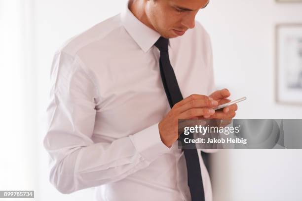 businessman in living room looking at smartphone - jakob helbig fotografías e imágenes de stock