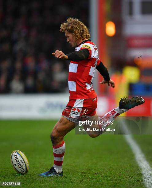 Billy Twelvetrees of Gloucester kicks a conversion during the Aviva Premiership match between Gloucester Rugby and Sale Sharks Sharks at Kingsholm...