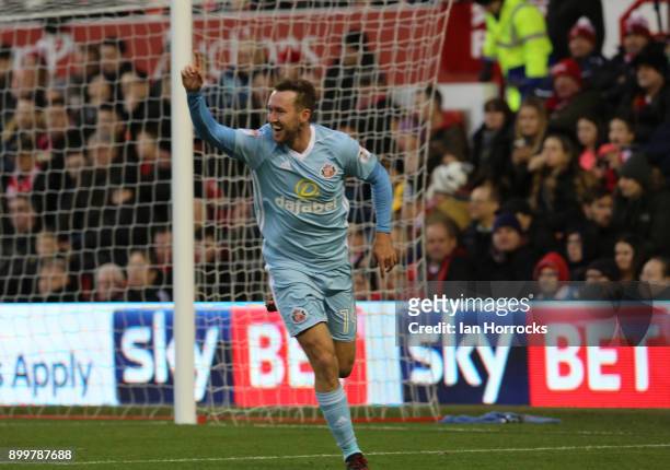 Aiden McGeady of Sunderland celebrates after he scores the opening goal with a header during the Sky Bet Championship match between Nottingham Forest...