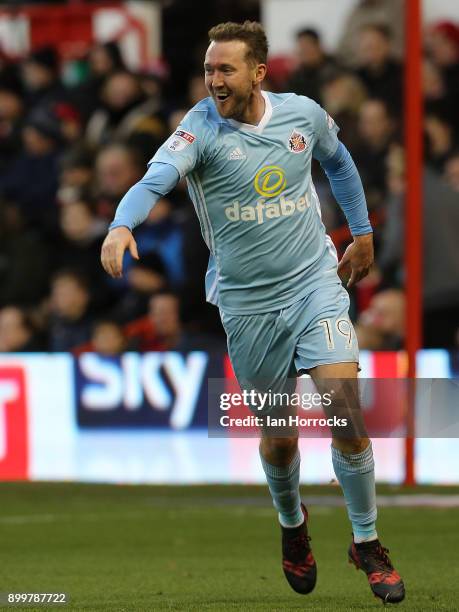 Aiden McGeady of Sunderland celebrates after he scores the opening goal with a header during the Sky Bet Championship match between Nottingham Forest...