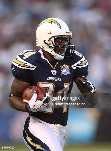 Wide receiver Buster Davis of the San Diego Chargers returns a kickoff against the Seattle Seahawks on August 15, 2009 at Qualcomm Stadium in San...