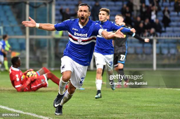 Fabio Quagliarella of Sampdoria celebrates after scoring a goal during the serie A match between UC Sampdoria and Spal at Stadio Luigi Ferraris on...