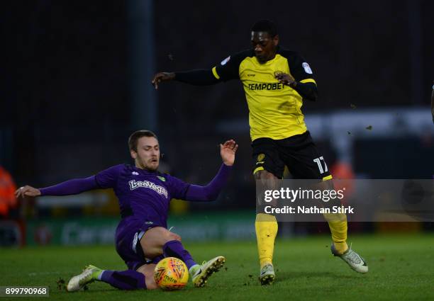 Marvin Sordell of Burton Albion and Tom Trybull of Norwich City in action during the Sky Bet Championship match between Burton Albion and Norwich...