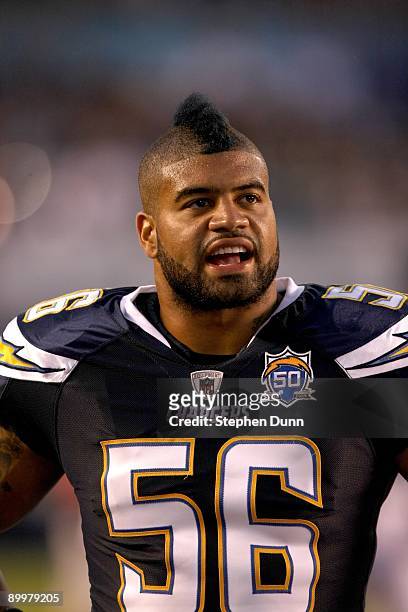 Linebacker Shawne Merriman of the San Diego Chargers stands on the sideline in the game against the Seattle Seahawks on August 15, 2009 at Qualcomm...