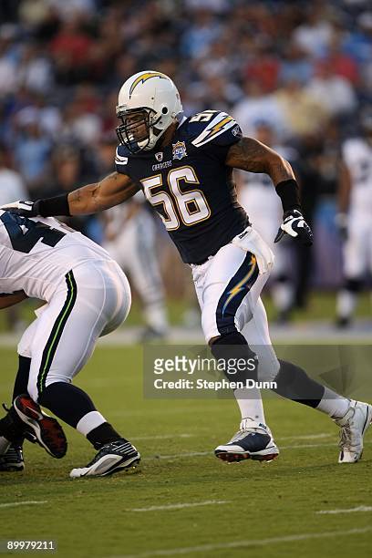 Linebacker Shawne Merriman of the San Diego Chargers pursues the ball against the Seattle Seahawks on August 15, 2009 at Qualcomm Stadium in San...