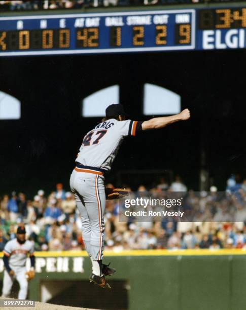 Jack Morris of the Detroit Tigers reacts after striking out Ron Kittle of the Chicago White Sox for the final out as Morris pitched a no-hitter...