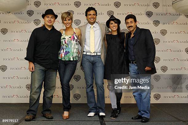 Rene Bueno, Gabriela Vergara, Jaime Camil, Pambo and Dino Garcia pose for a portrait during the Recien Cazado photocall at the Four Seasons Hotel on...