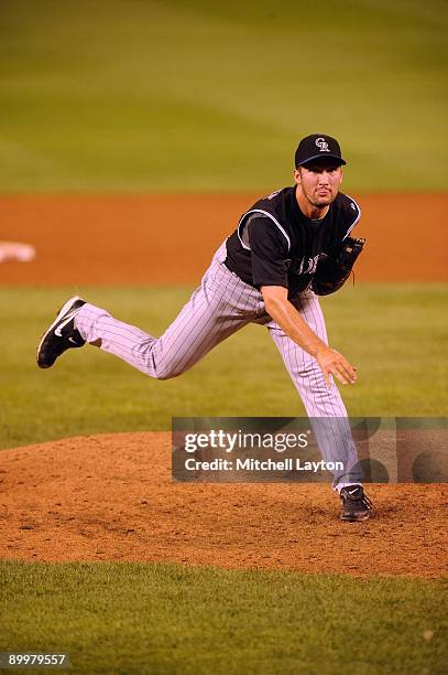 Huston Street of the Colorado Rockies pitches during a baseball game against the Washington Nationals on August 19, 2009 at Nationals Park in...