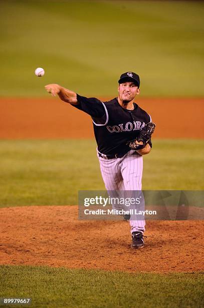 Huston Street of the Colorado Rockies pitches during a baseball game against the Washington Nationals on August 19, 2009 at Nationals Park in...