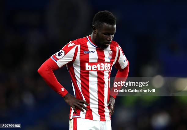 Mame Biram Diouf of Stoke City looks dejected during the Premier League match between Chelsea and Stoke City at Stamford Bridge on December 30, 2017...