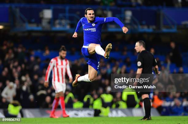 Davide Zappacosta of Chelsea celebrates after scoring his sides fifth goal during the Premier League match between Chelsea and Stoke City at Stamford...