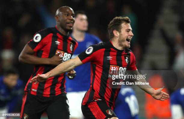 Ryan Fraser of AFC Bournemouth celebrates scoring his team's second goal during the Premier League match between AFC Bournemouth and Everton at...