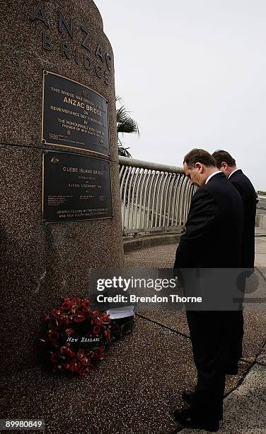 New Zealand Prime Minister John Key and Premier of NSW Nathan Rees lay a wreath at the Australian Soldier memorial statue on Anzac Bridge during the...