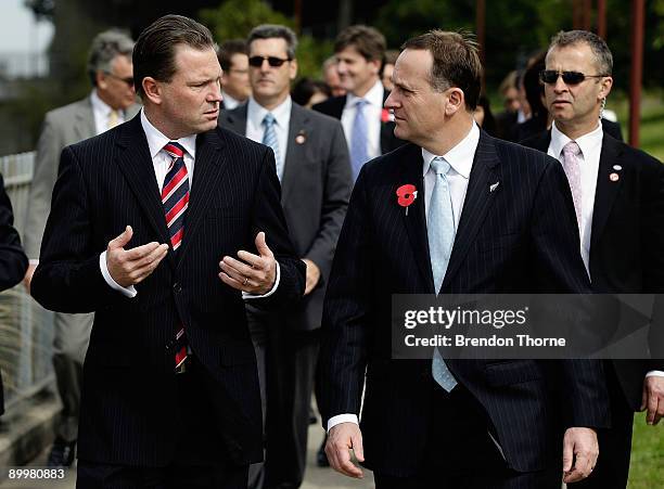 New Zealand Prime Minister John Key and Premier of NSW Nathan Rees talk following a memorial service at the Australian Soldier memorial statue on...