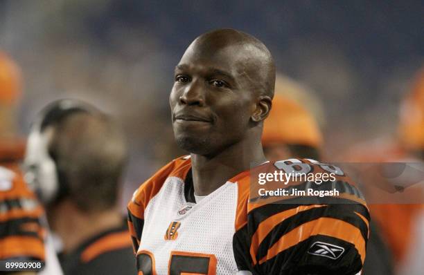 Chad Ochocinco of the Cincinnati Bengals looks on against the New England Patriots during their preseason game at Gillette Stadium on August 20, 2009...