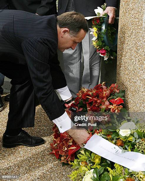 New Zealand Prime Minister John Key lays a wreath at the New Zealand Soldier memorial statue on Anzac Bridge during the first day of Key's visit to...