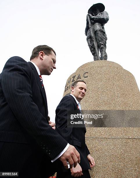 New Zealand Prime Minister John Key and Premier of NSW Nathan Rees talk following a memorial service at the New Zealand Soldier memorial statue on...