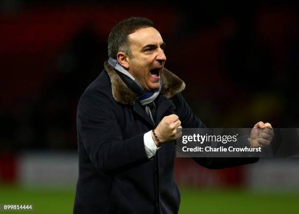 Carlos Carvalhal, Manager of Swansea City celebrates after the Premier League match between Watford and Swansea City at Vicarage Road on December 30,...