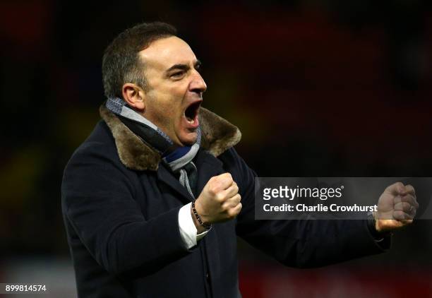 Carlos Carvalhal, Manager of Swansea City celebrates after the Premier League match between Watford and Swansea City at Vicarage Road on December 30,...