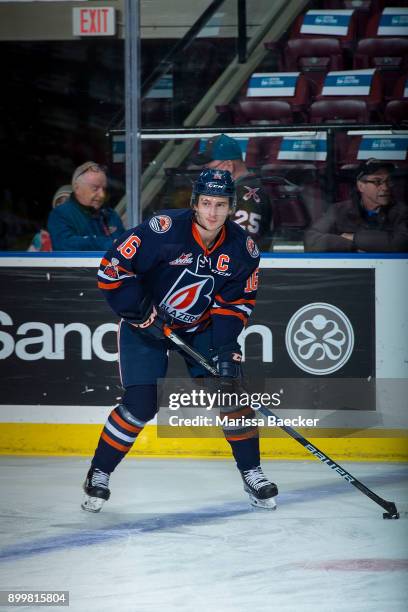 Nick Chyzowski of the Kamloops Blazers warms up with the puck against the Kelowna Rockets on December 27, 2017 at Prospera Place in Kelowna, British...