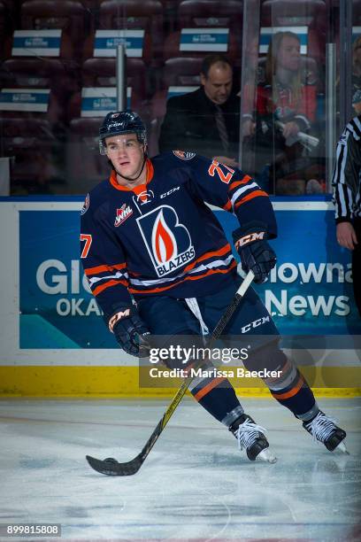 Nolan Kneen of the Kamloops Blazers warms up against the Kelowna Rockets on December 27, 2017 at Prospera Place in Kelowna, British Columbia, Canada.