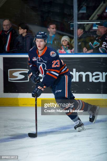 Ryley Appelt of the Kamloops Blazers warms up against the Kelowna Rockets on December 27, 2017 at Prospera Place in Kelowna, British Columbia, Canada.