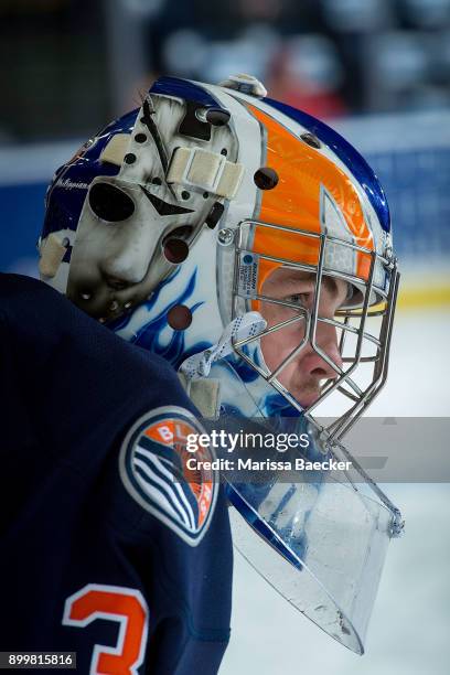 Dylan Ferguson of the Kamloops Blazers stands at the bench during warm up against the Kelowna Rockets on December 27, 2017 at Prospera Place in...