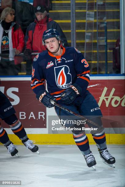 Carson Denomie of the Kamloops Blazers warms up against the Kelowna Rockets on December 27, 2017 at Prospera Place in Kelowna, British Columbia,...