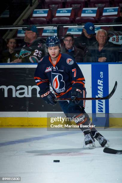 Luke Zazula of the Kamloops Blazers warms up with the puck against the Kelowna Rockets on December 27, 2017 at Prospera Place in Kelowna, British...