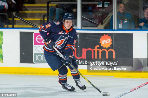 Connor Zary of the Kamloops Blazers skates with the puck against the Kelowna Rockets on December 27, 2017 at Prospera Place in Kelowna, British...