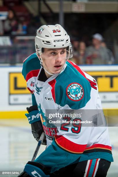 Nolan Foote of the Kelowna Rockets skates against the Kamloops Blazers on December 27, 2017 at Prospera Place in Kelowna, British Columbia, Canada....