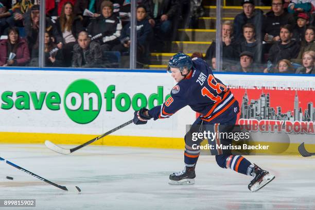 Connor Zary of the Kamloops Blazers takes a shot against the Kelowna Rockets on December 27, 2017 at Prospera Place in Kelowna, British Columbia,...