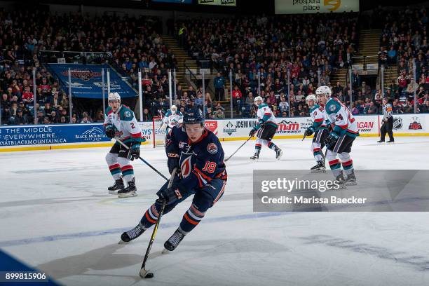 Connor Zary of the Kamloops Blazers takes control of the puck and skates out of the offensive zone against the Kelowna Rockets on December 27, 2017...