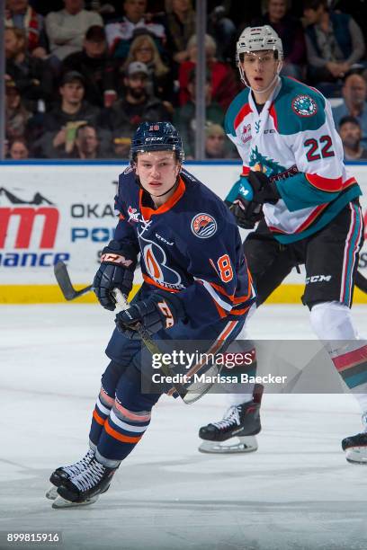 Connor Zary of the Kamloops Blazers skates against the Kelowna Rockets on December 27, 2017 at Prospera Place in Kelowna, British Columbia, Canada.