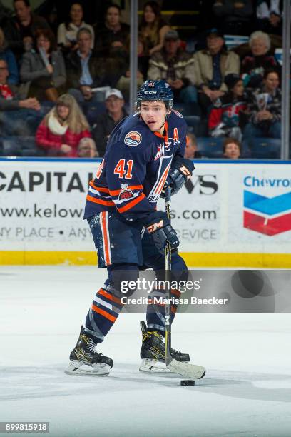 Garrett Pilon of the Kamloops Blazers skates with the puck against the Kelowna Rockets on December 27, 2017 at Prospera Place in Kelowna, British...