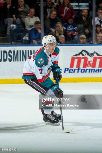 Libor Zabransky of the Kelowna Rockets skates with the puck against the Kamloops Blazers on December 27, 2017 at Prospera Place in Kelowna, British...