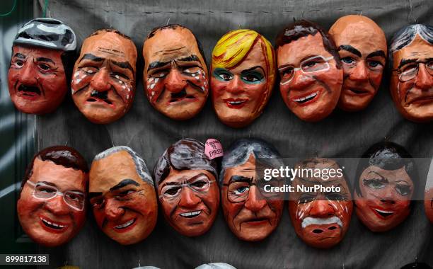 Political masks of Ecuador are some of the characters that Ecuadorians 'burn', in Quito, Ecuador, Saturday December 30, 2017. The tradition in...