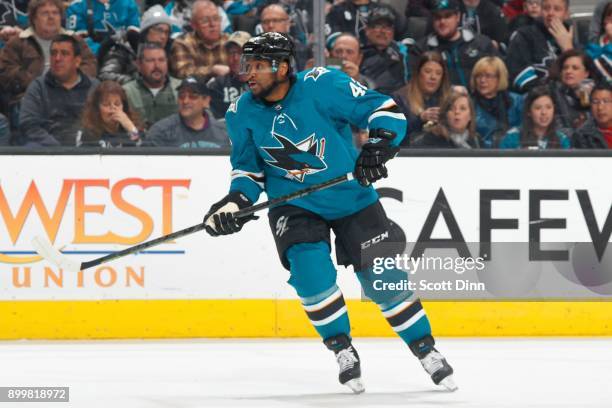 Joel Ward of the San Jose Sharks looks during a NHL game against the Los Angeles Kings at SAP Center on December 23, 2017 in San Jose, California.