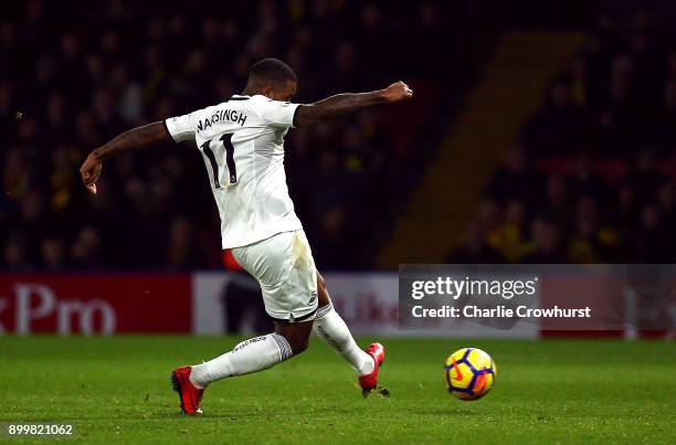 Luciano Narsingh of Swansea City scores his team's second goal during the Premier League match between Watford and Swansea City at Vicarage Road on...