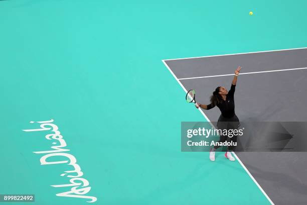 Serena Williams of United States in action during her Ladies Final match against Jelena Ostapenko of Latvia on day three of the Mubadala World Tennis...