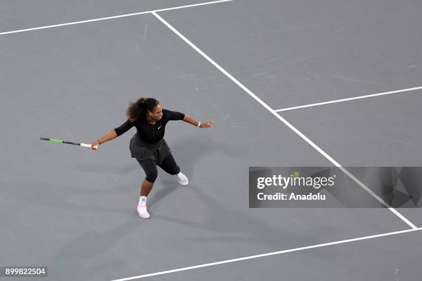 Serena Williams of United States in action during her Ladies Final match against Jelena Ostapenko of Latvia on day three of the Mubadala World Tennis...