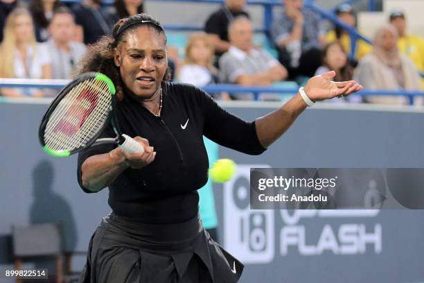 Serena Williams of United States in action during her Ladies Final match against Jelena Ostapenko of Latvia on day three of the Mubadala World Tennis...